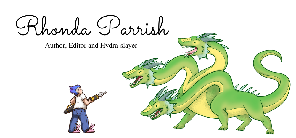 Cartoon version of Rhonda Parrish fighting a three-headed Hydra with an oversized fountain pen