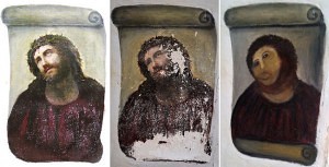 A combination of three documents provided by the Centre de Estudios Borjanos on August 22, 2012 shows the original version of the painting Ecce Homo (L) by 19th-century painter Elias Garcia Martinez, the deteriorated version (C) and the restored version by an elderly woman in Spain. AFP PHOTO/ CENTRO DE ESTUDIOS BORJANOS 