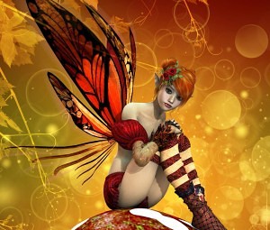 Autumn fairy sitting on a mushroom