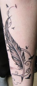 My tattoo, on the inside of my left forearm. Art by Kat Hayes.