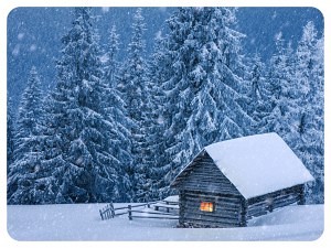 wooden house in winter forest