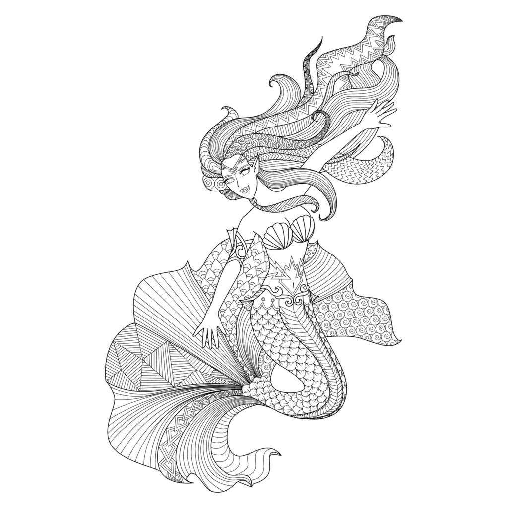 Detailed zentangle mermaid for coloring page